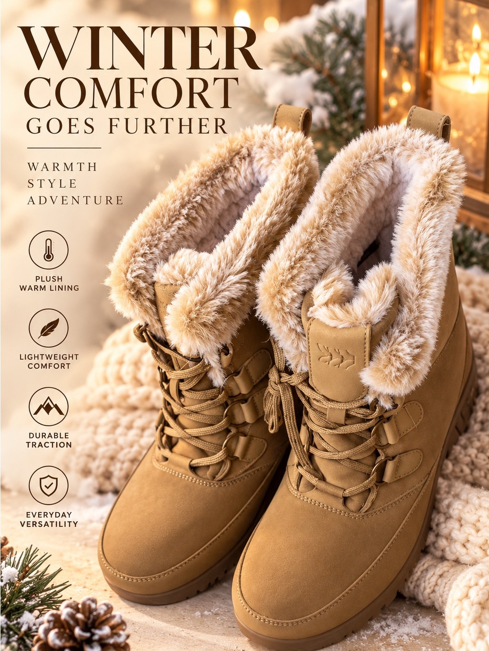 Size 11 - all in motion - Tan, Cozy Faux-Fur, Suede, Lace-Up Winter Boots, NIB